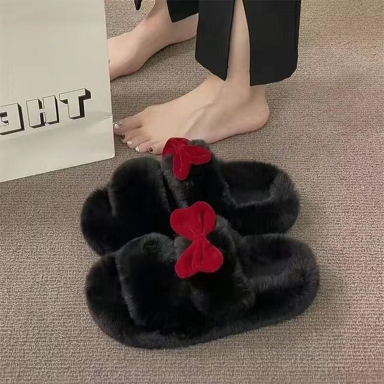 Fairy Wind Bow Hair Slippers Female Wear Superior Sense 2025 New Autumn and Winter Student Dormitory Office Cotton Flops