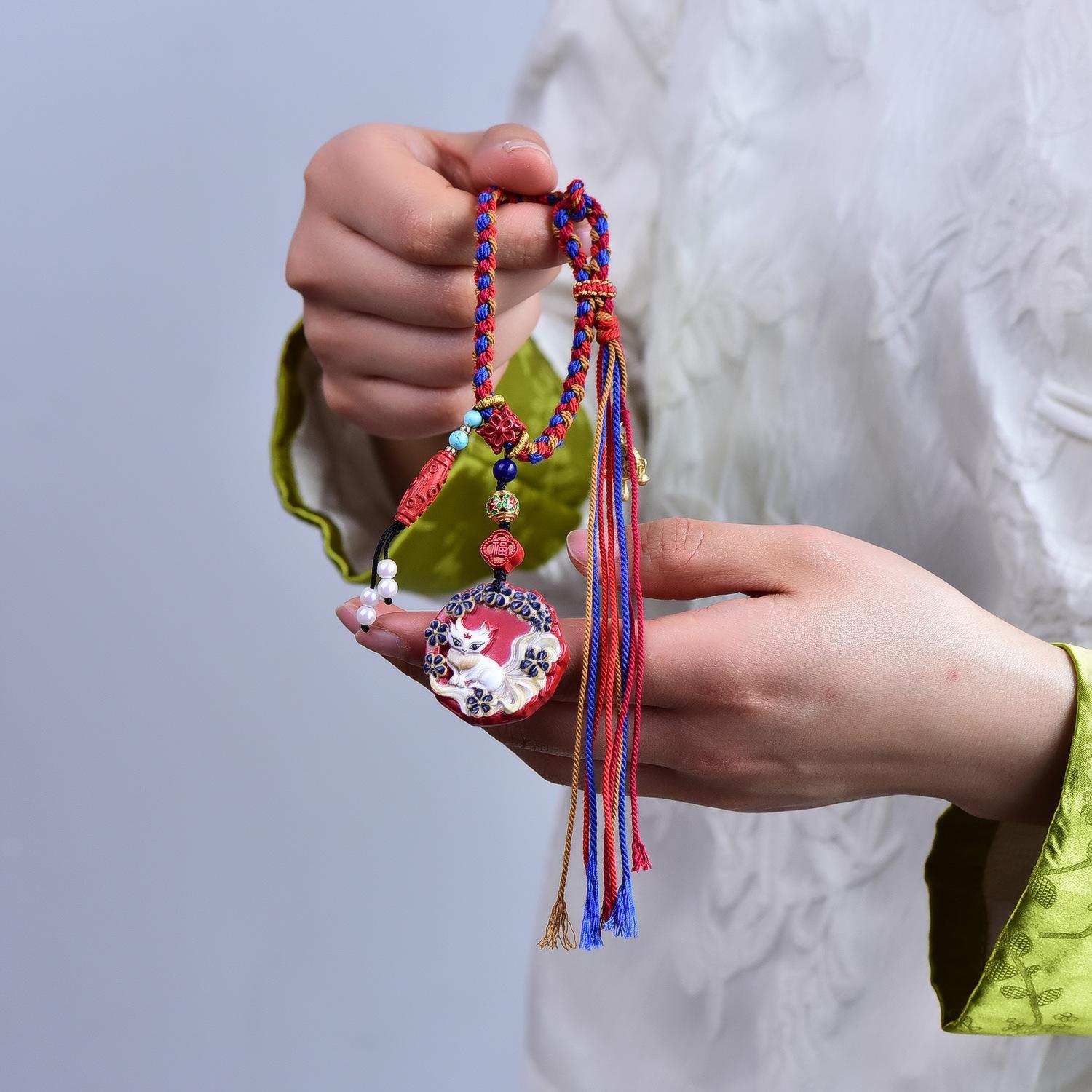 Hand-Woven Cinnabar Red Fox Spirit Zodiac Bag Charm High Content Cinnabar (75%-80%)