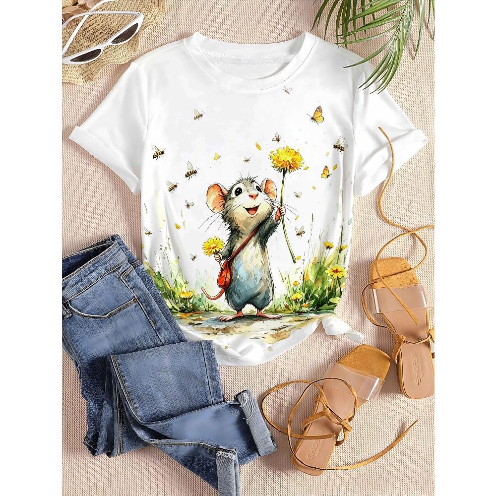 Women's clothing, one-piece round neck short-sleeved printed T-shirt, kind and cute little mouse pattern