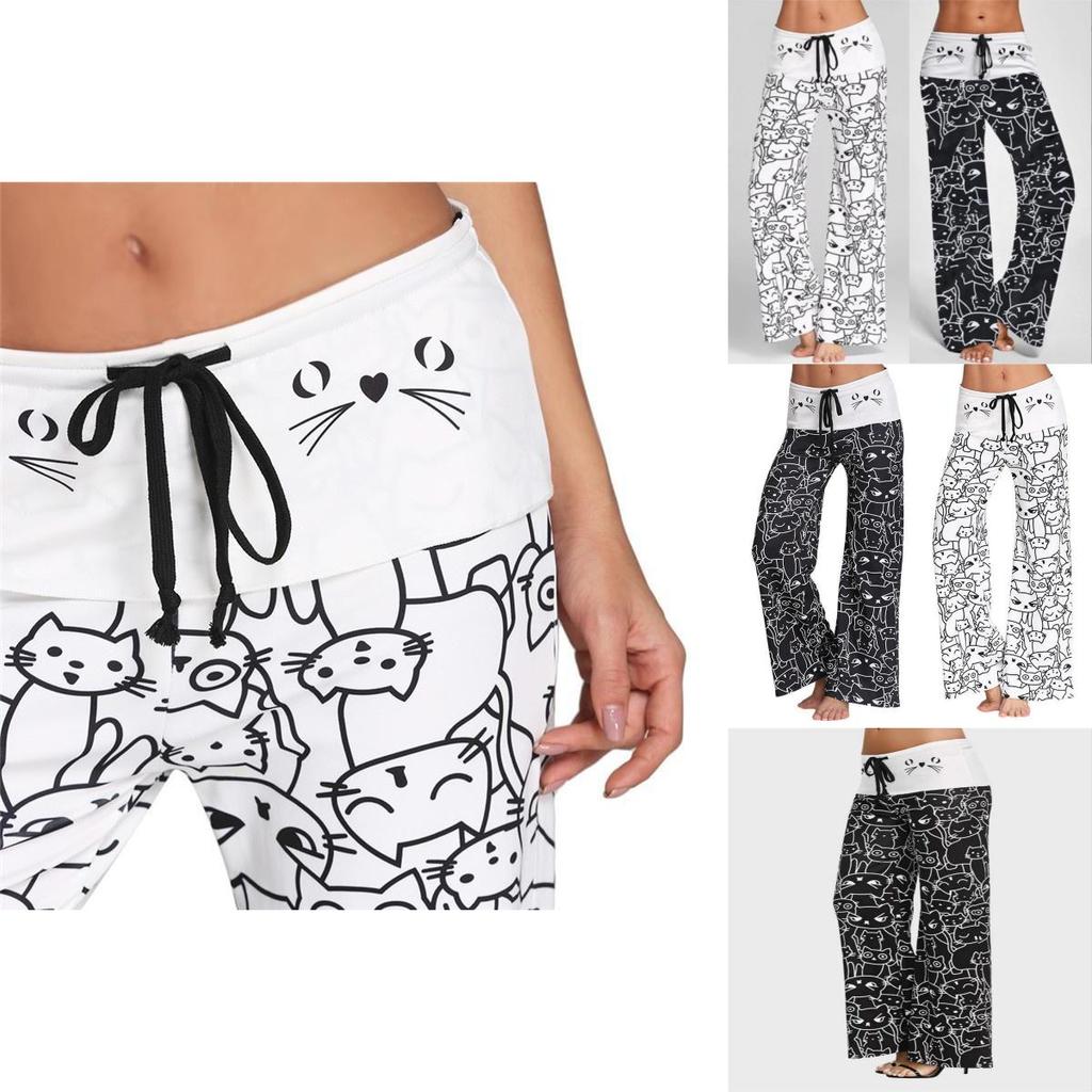 Pantaloni Casual Larghi da Donna alla Moda con Stampa di Gatti Cartoni Animati, Pantaloni Leggeri Estivi