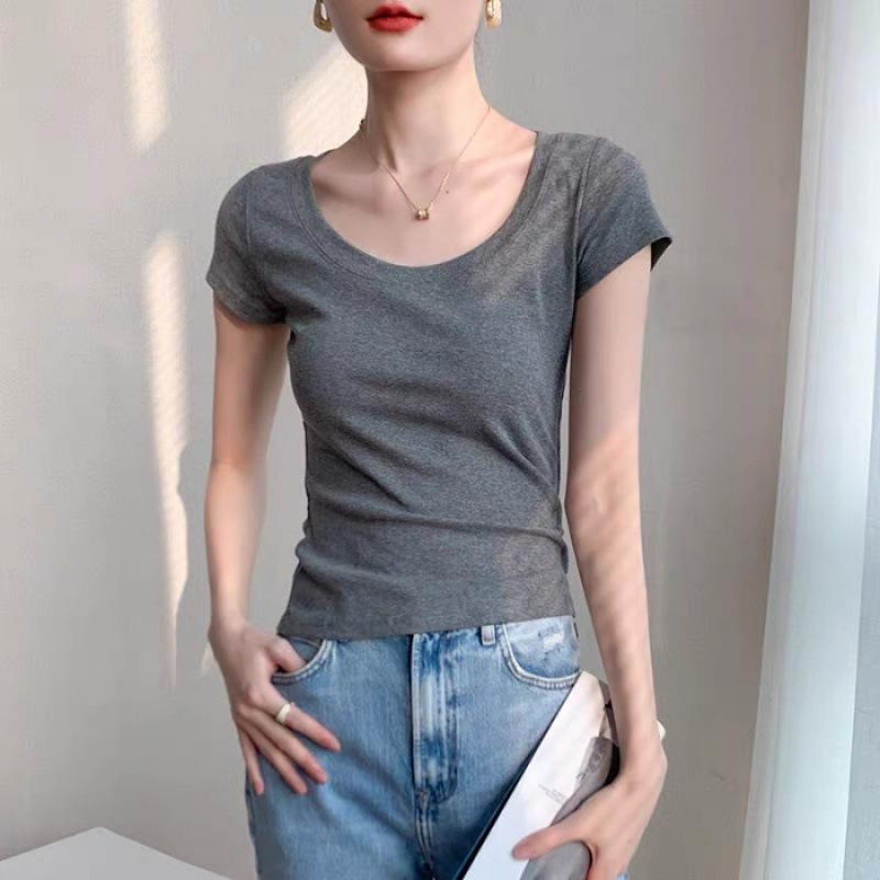 Slim-fit short-sleeved T-shirt women's summer new shoulder pure cotton waist-thin top large neckline bottoming shirt