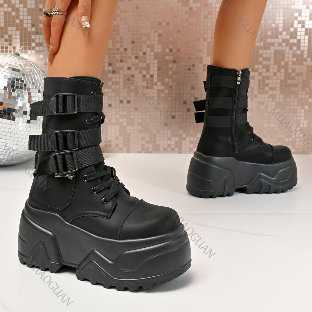Fashion Punk Style Thick Bottom Women's Boots Belt Buckle Round Toe Height Increasing Lace-Up Fashion Women Shoes High Heels Short Botas