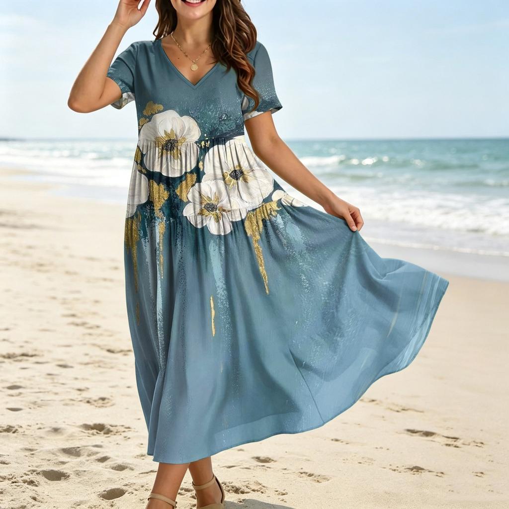 Frauen Casual Lose Bohemian Blumenkleid Kurzarm Lange Maxi Sommer Strand Swing Kleid