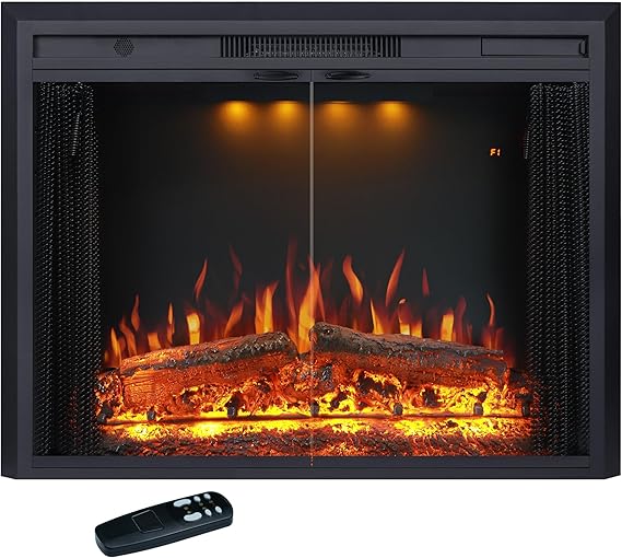 Valuxhome 35.63” W 27.5 H Electric Fireplace Insert with Low/High Temperature Settings, Movable Mesh Screen and Glass Door, 1-9H