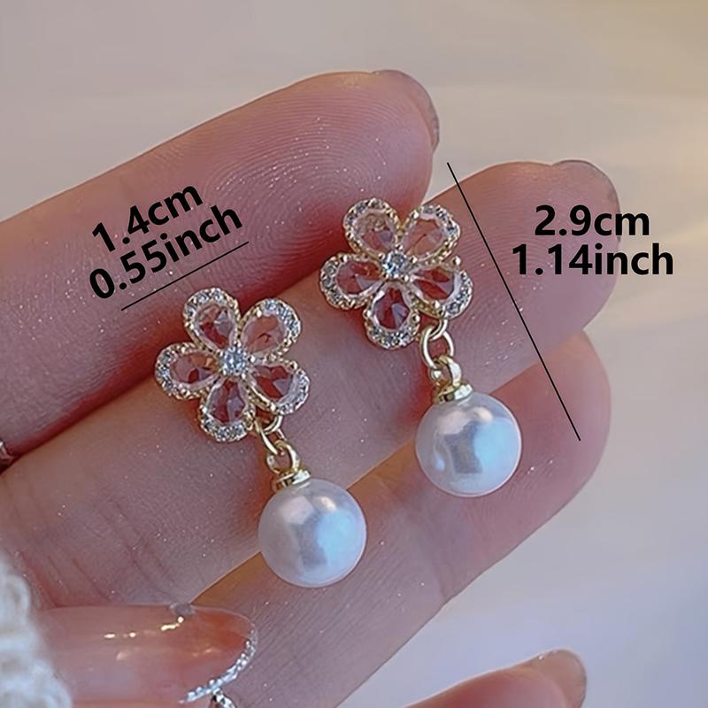 1 Pair Elegant Flower Pendant Earrings Rhinestone Imitation Pearl Sweet Alloy Earring Daily Holiday Wear Women Jewelry Accessory