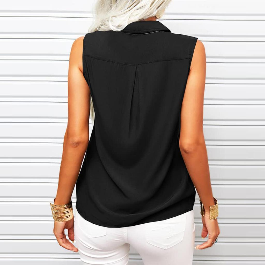 Dámská jednobarevná tílka s klopou bez rukávů Letní košile s knoflíkem dolů Kancelářské dámské košile