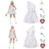 Women Tin Costume One Shoulder Sleeveless Ruched Tulle Lining Metallic Belted Dress with Hat Axe Gloves Heart Clock Brooch for Halloween Cosplay