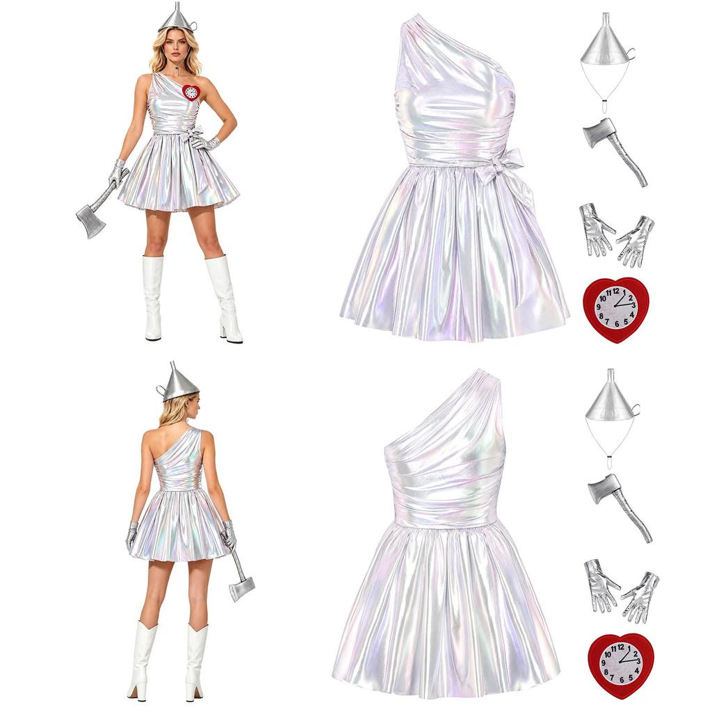 Women Tin Costume One Shoulder Sleeveless Ruched Tulle Lining Metallic Belted Dress with Hat Axe Gloves Heart Clock Brooch for Halloween Cosplay