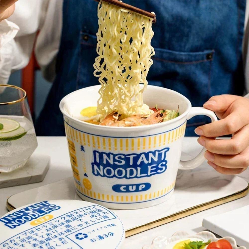 Instant Noodle Bowl with Handle Large Capacity Ramen Bowl Creativity Lid Ceramic Instant Lunch Bowl Cute Design Japanese Cup