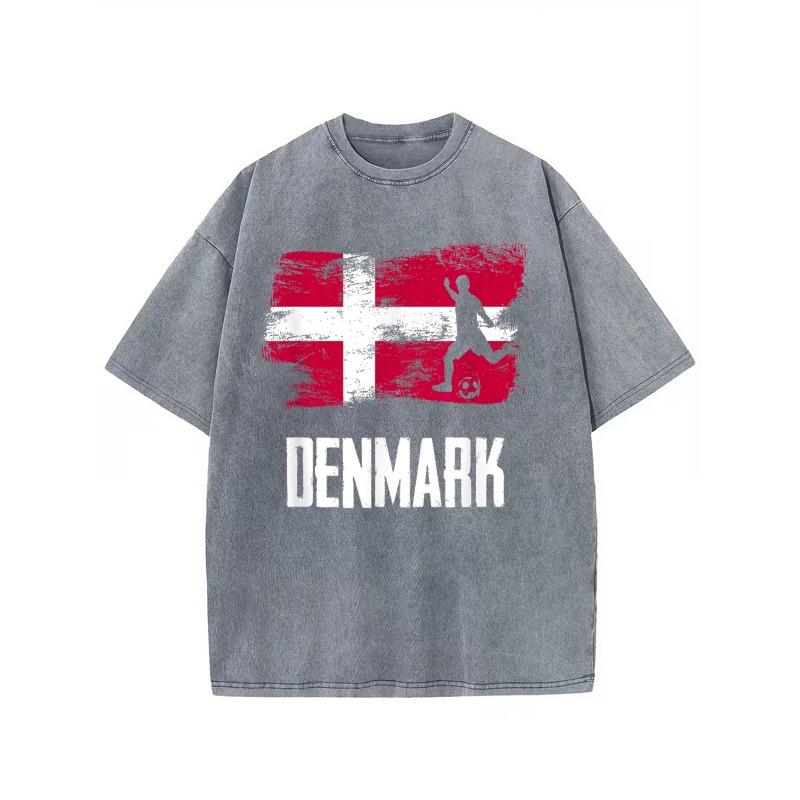 

Denmark Soccer Flag Distressed Vintage T-Shirt - Black Crew Neck Tee with Red White Flag And Player Silhouette, Soft Breathable Casual Shirt for Men S серый