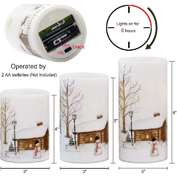 GenSwin Christmas Snowman Flameless Candles Flickering Battery Operated with Timer, Real Wax Led Pillar Candles Warm Light, Christmas Snowman Deer