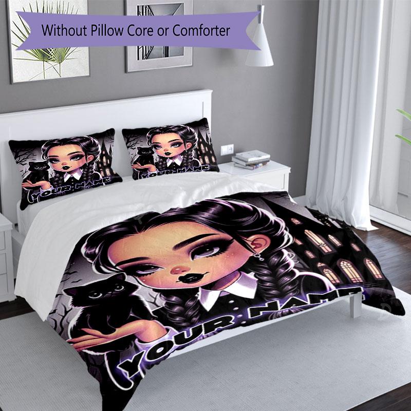 3PC Custom Name Gothic Cat Girl Artwork Bedding Set Printed Bedding Set Duvet Cover Closure Includes 1 Duvet Cover & 58 Pillowcases for Bedroom