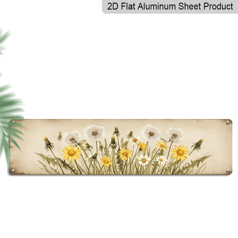 

2D Flat - A Aluminium Decorative Sign Featuring A Rustic Garden Scene with Dandelions and Wildflowers, Designed for Home Decor. Measures 40cm x 10cm