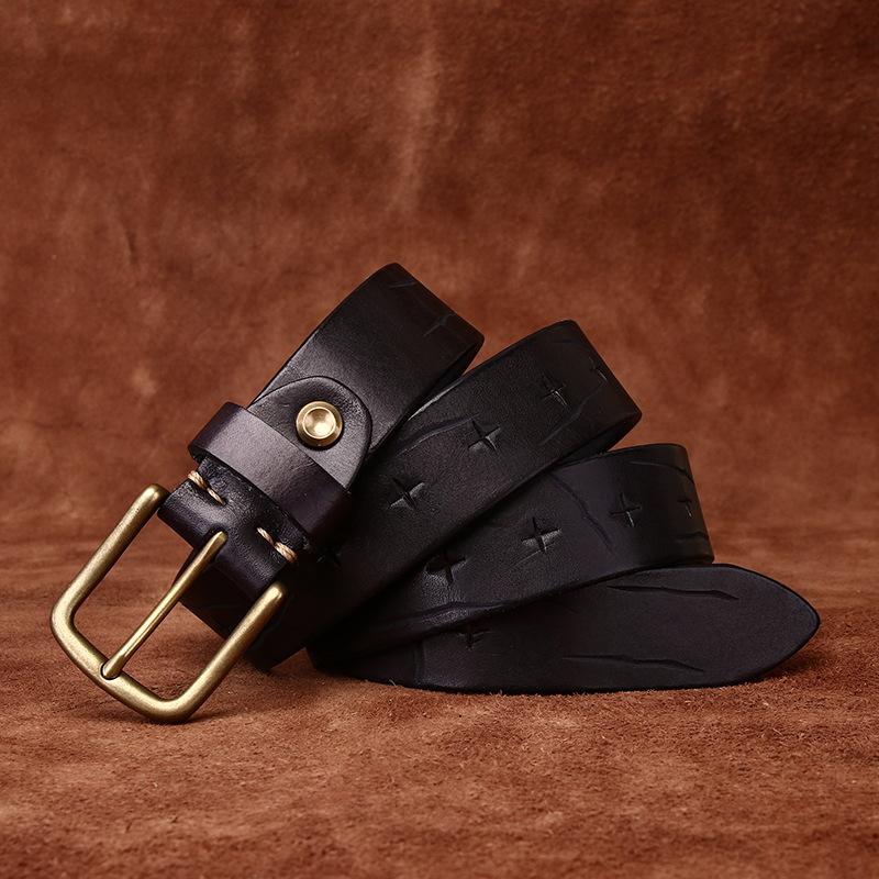 Men's Leather Belt Full Hole Vintage Distressed Knife for Handcraft Cut Genuine Leather Fashion Personality Trend First Layer Cowhide Belt