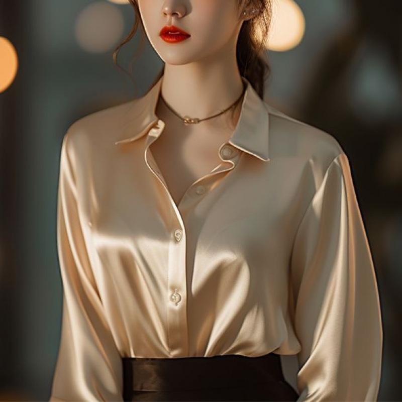 Elegant Silk Office Shirts Women Korean Fashion Y2k Clothes Slim Long Sleeve White Black Blouses