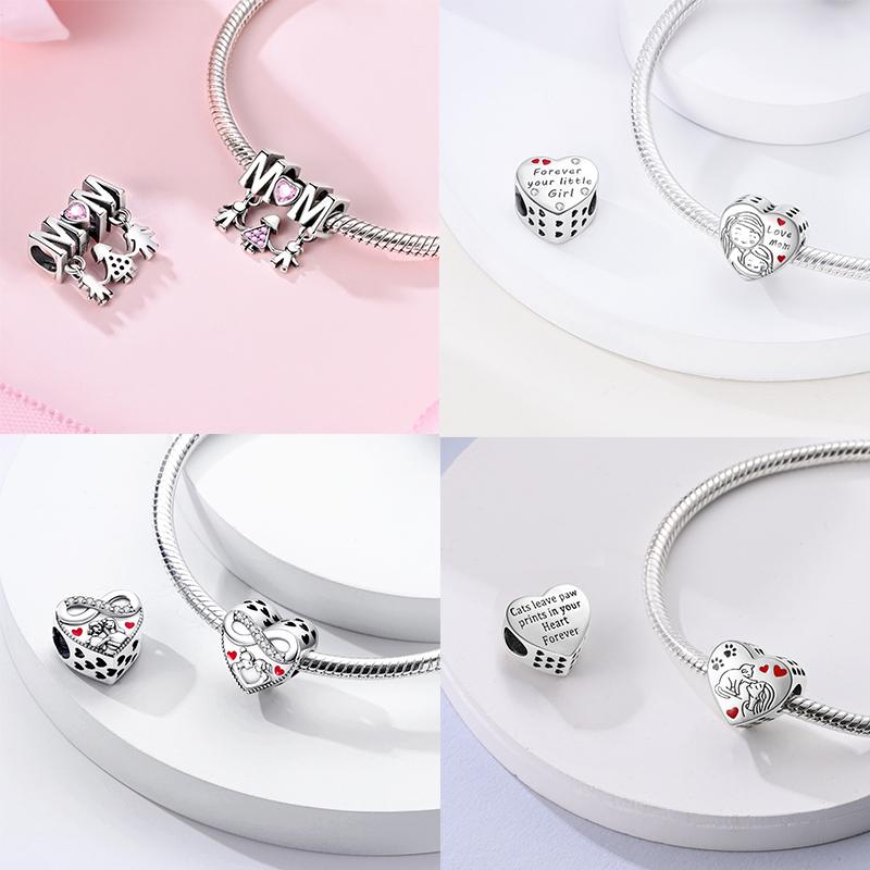 Original 925 Silber Mädchen Charms Perle Herz Liebe Familien Charm Perlen Anhänger Passt Armband Damen Schmuck Geschenke