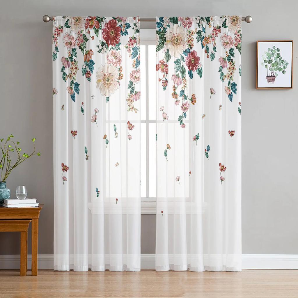 Black White Flowers Printed Curtains Drape Tulle Home Decoration Living Room Bedroom Cortinas Chiffon Window Light Filtering Polyester Great Treatment