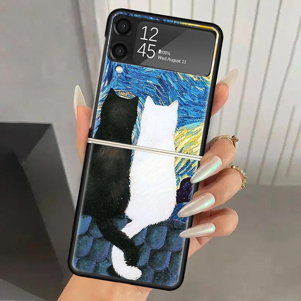 Black Cat Cartoon Cute Hard PC Phone Case For Samsung Galaxy Z Flip 7 6 5 4 3 Black ZFlip7 ZFlip6 Flip5 Flip4 Flip3 5G Print Cov