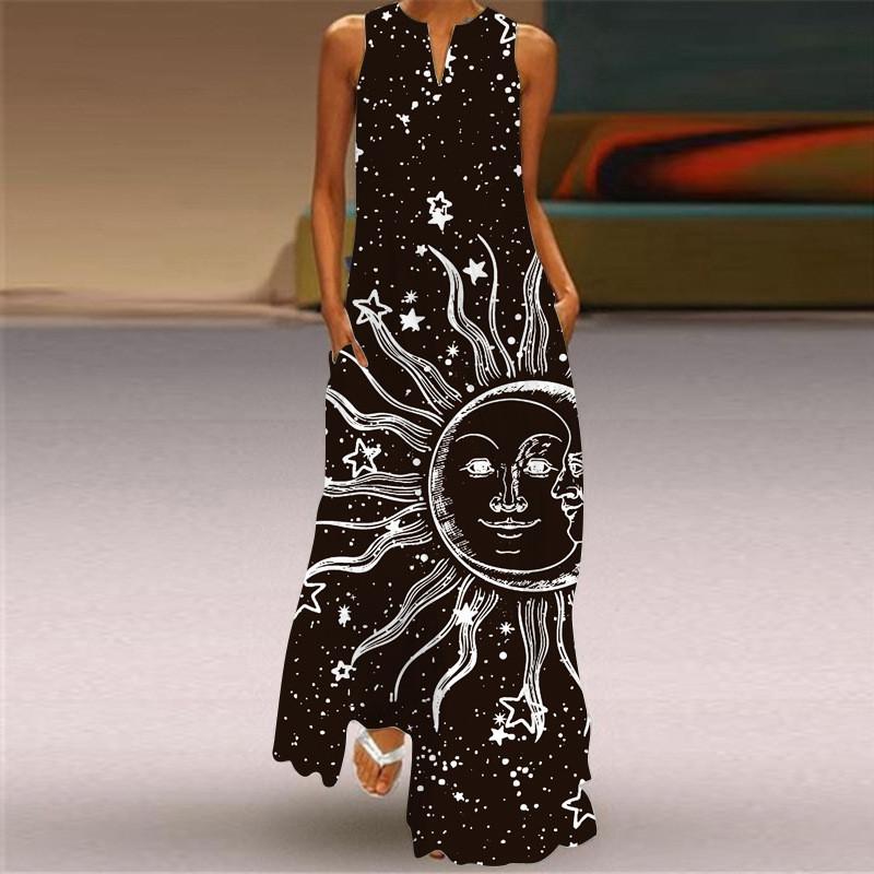Women's New Spring And Summer Fashion Classic V-neck Color Printing Sleeveless Long Dress