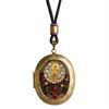 Vairochana Yellow Tibetan Amulet: Brass Box Pendant Necklace with Jambhala & Avalokiteshvara Hollow Design