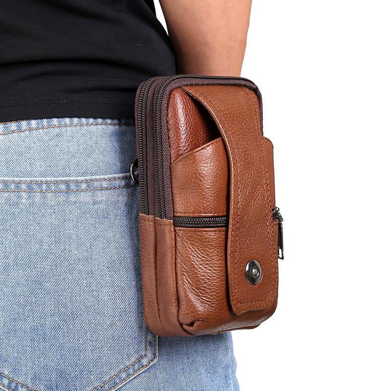 Borsa a tracolla per telefono in vera pelle, Custodia da cintura per telefono da uomo, Marsupio multi-tasca con cerniera, Portacarte, Portafoglio EDC da viaggio a mani libere