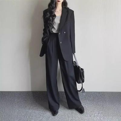 Plus Size Women's Casual & Professional Two-Piece Suit with Wide-Leg Pants