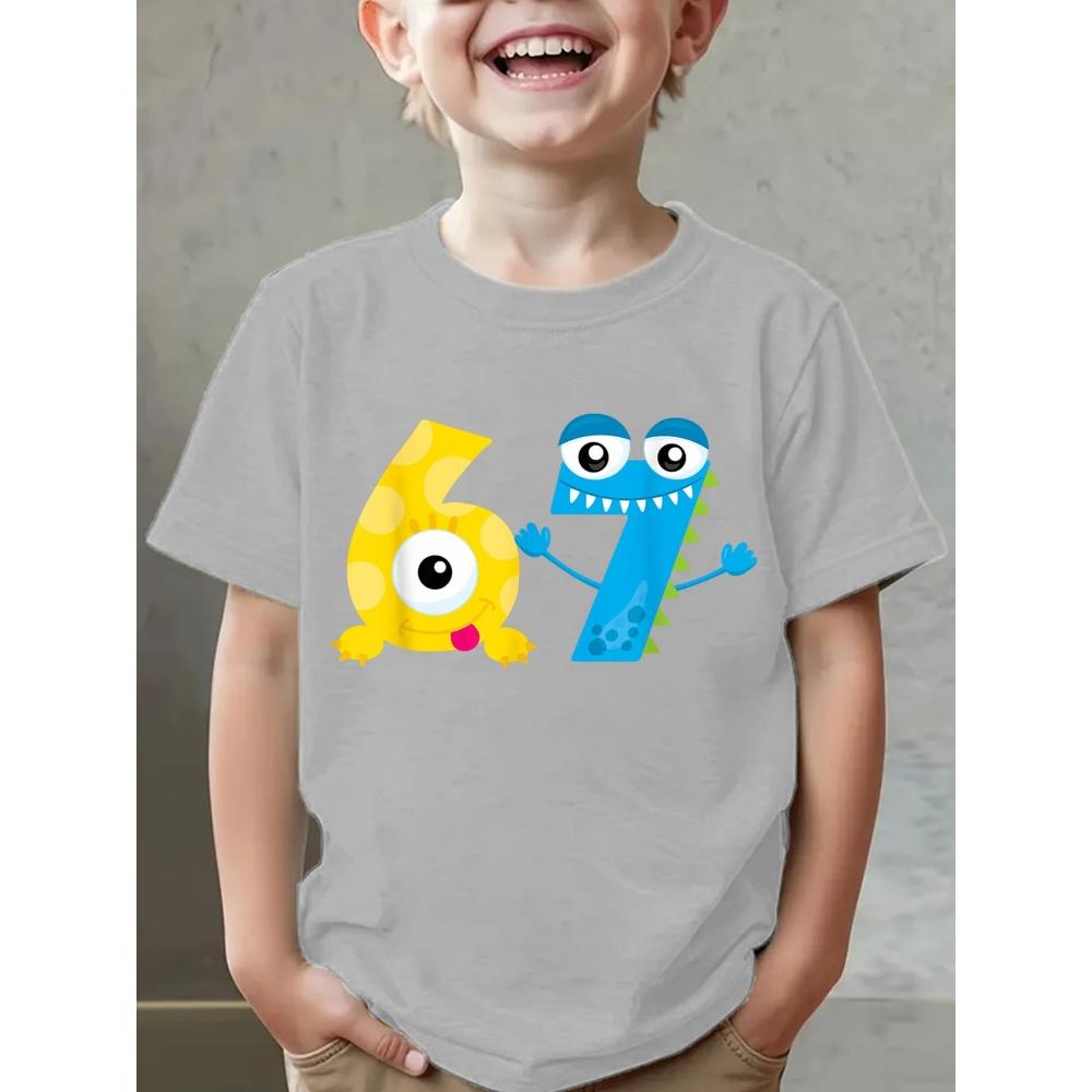 Tricou pentru băieți cu grafică cu numărul 67, imprimeu 3D, confortabil, cu gât rotund, mâneci scurte, top casual de vară pentru fiecare zi, sport, tricou pentru copii