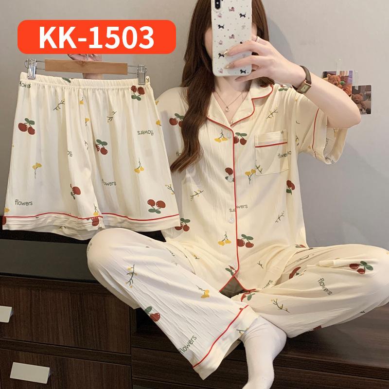 Retro Small Floral High-End Wrinkled Cloth Pajamas Women'S Summer Casual Homewear Short-Sleeved Three-Piece Set