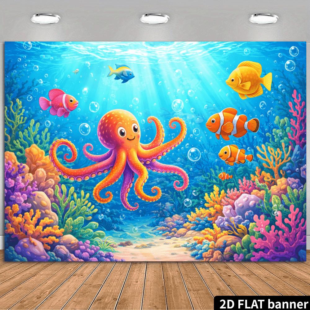 2D Plane Orange Octopus Underwater Background Fabric - Orange Octopus Coral Tropical Fish Scene - Durable Polyester Material 100x150cm