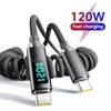 120W Car Spring Data Cable Digital Display Retractable USB C To Type C Fast Charging Cable for iPhone 15 Samsung Huawei Xiaomi