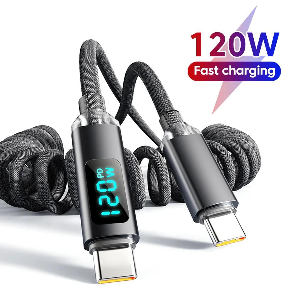 120W Car Spring Data Cable Digital Display Retractable USB C To Type C Fast Charging Cable for iPhone 15 Samsung Huawei Xiaomi