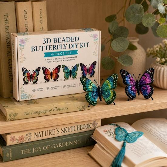 3D Beaded Butterfly Craft Kit, Tiny Beaded Animal DIY Handmade Art Set with Instruction, Cute 4-Pack Butterflies Beadwork Kit