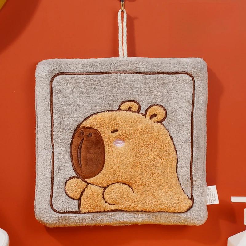 Kawaii Kapibara Hand Towel Thickened Coral Fleece Embroidered Towels Cute Hand Cloth Kitchen Children's Handkerchief Towel