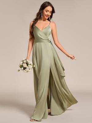 Ever-Pretty Dames Elegante Wikkelstijl Spaghetti Bandjes Split Satijnen Formele Avondjurk met Strik
