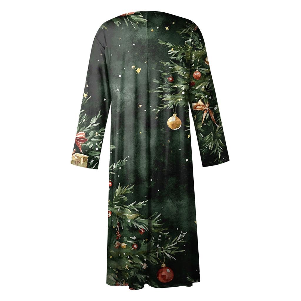 Women's Casual Crew-neck Christmas Print Mid-length Dress Long-sleeved Dress With Pocket