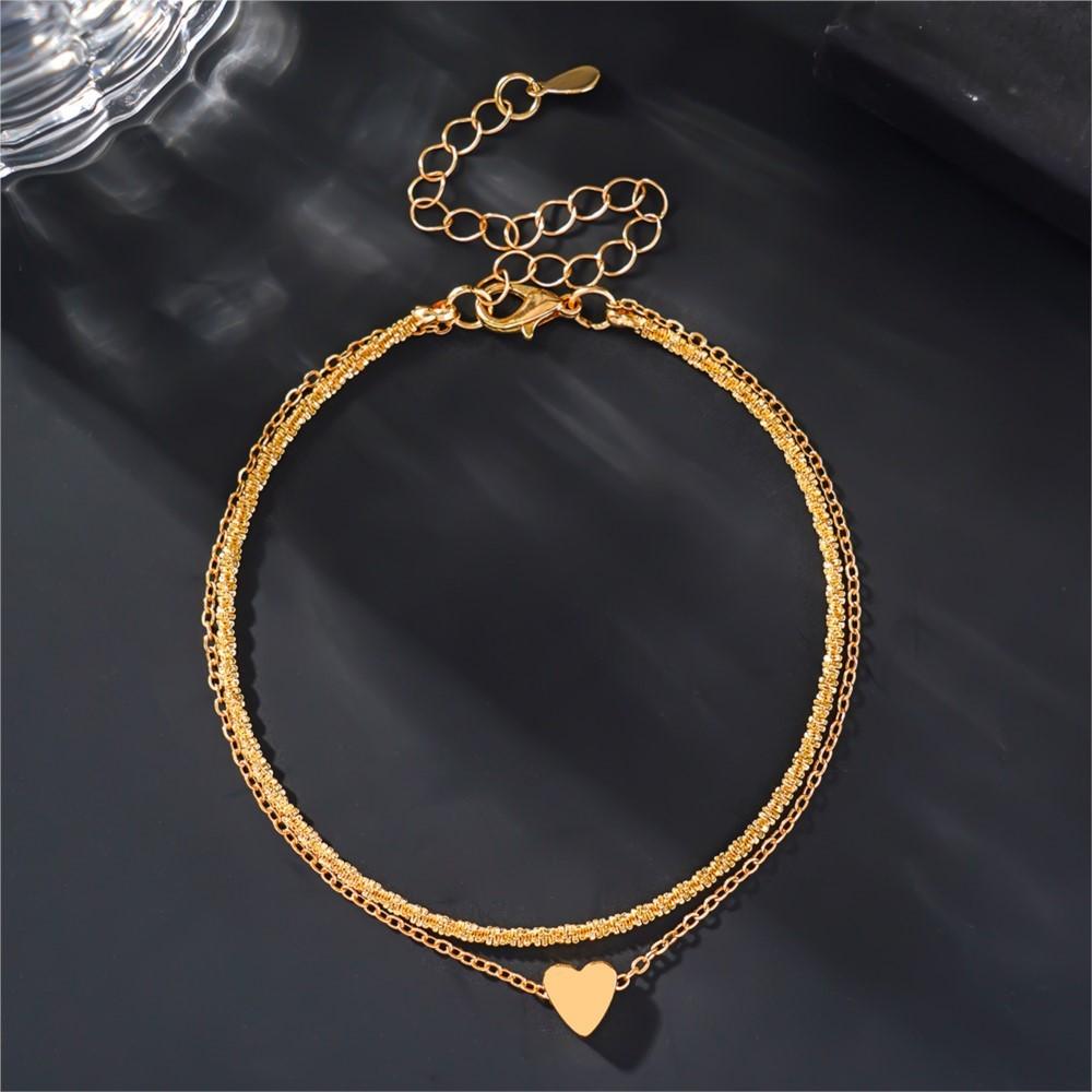 Elegant Sparkling Double Layer Heart Pendant Anklet for Women Bohemian Style Sexy Chain Summer Hoilday Jewelry Gifts