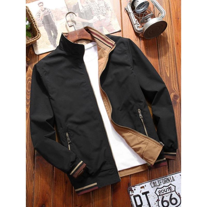 Men's Reversible Stand Collar Jacket - Sporty Casual Zip-Up Coat , Regular Fit for Spring/Fall Outdoor & Leisure Wear, Pockets Versatile Outerwear