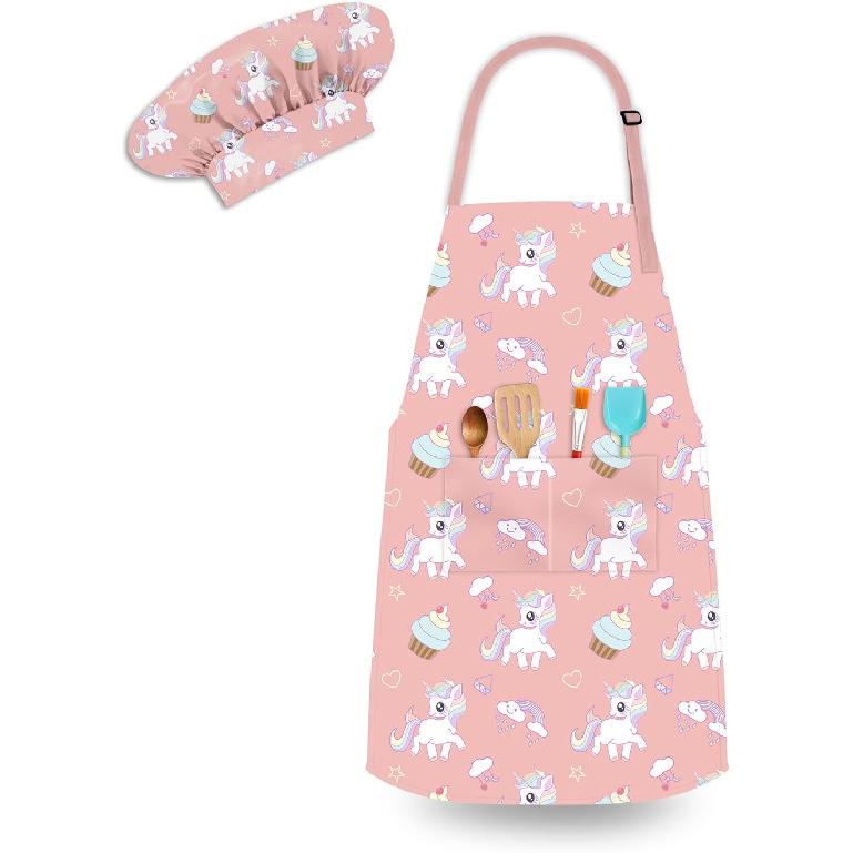 Kids Chef Hat and Apron Set with 2 Large Pockets Girls Boys Adjustable Chef Costume Kids Aprons for Cooking Baking