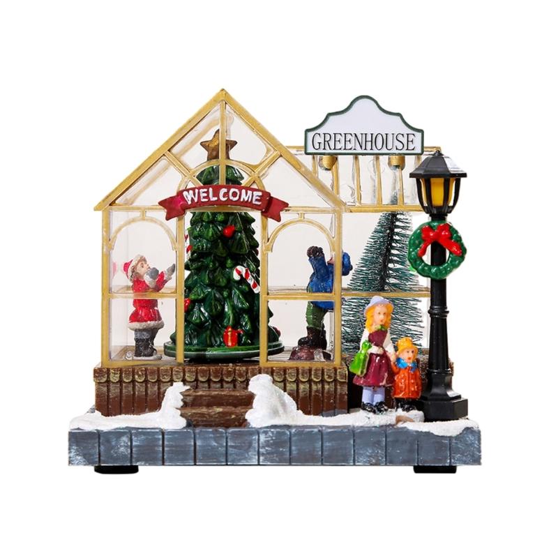 

Rotating Christmas Tree Figurines Decorative Ornament with LED Light and Music Animated Village Resin Ornament Gift 1