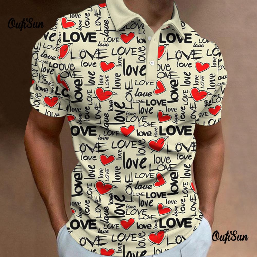 Trendy short-sleeve polo with love & heart prints, casual everyday wear.