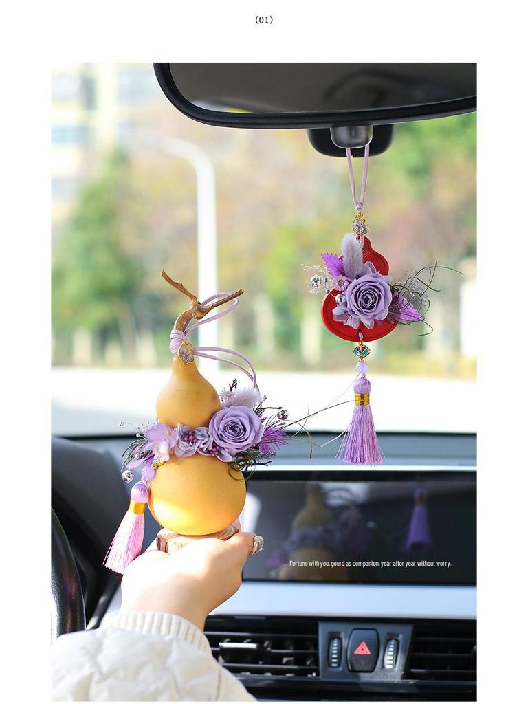 Lu Yi Handmade Eternal Flower Fortune and Prosperity Car Hanging Pendant - Chinese Style New Year Blooming Rose Gourd Decor.