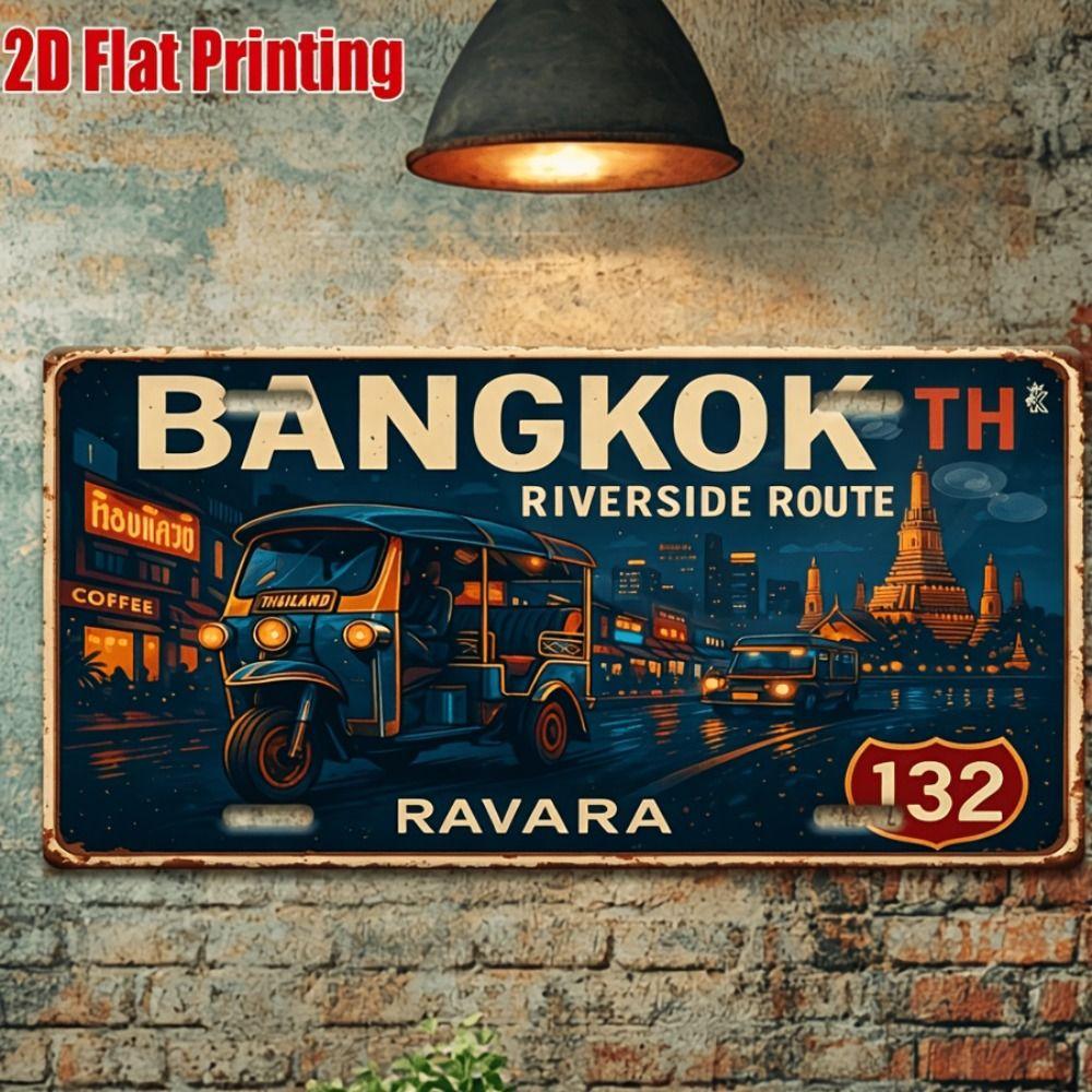 Metal Wall Poster Bangkok License Plate, Tuk Tuk Night City Temples Street Scene, Bar Decor, 20x30cm