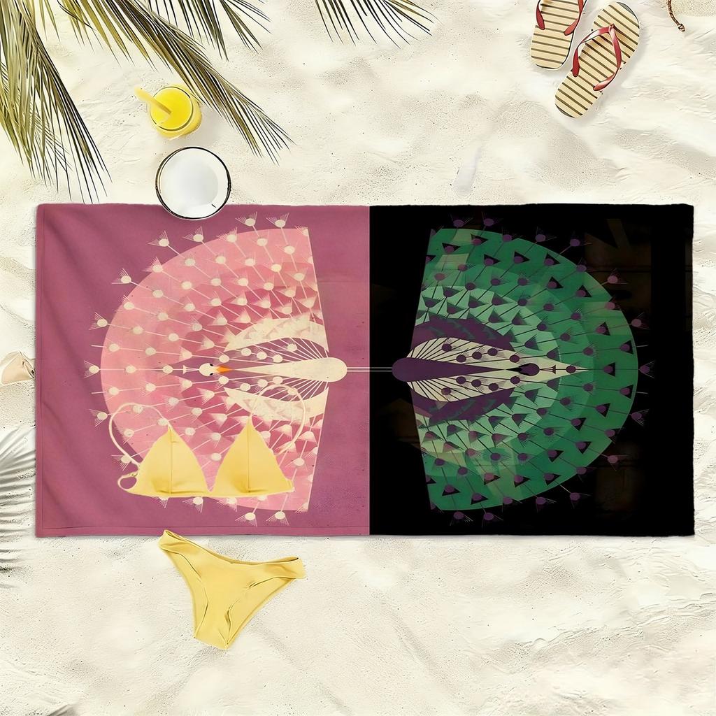 Pink and green peacock pattern polyester microfiber beach towel is highly absorbent, suitable for swimming and beach outings