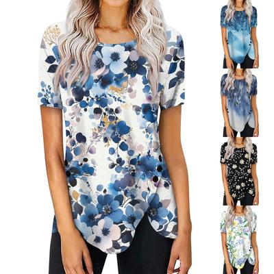 Women's Fashion Casual Short Sleeve Round Neck Side Button Print Pullover Top Blouse