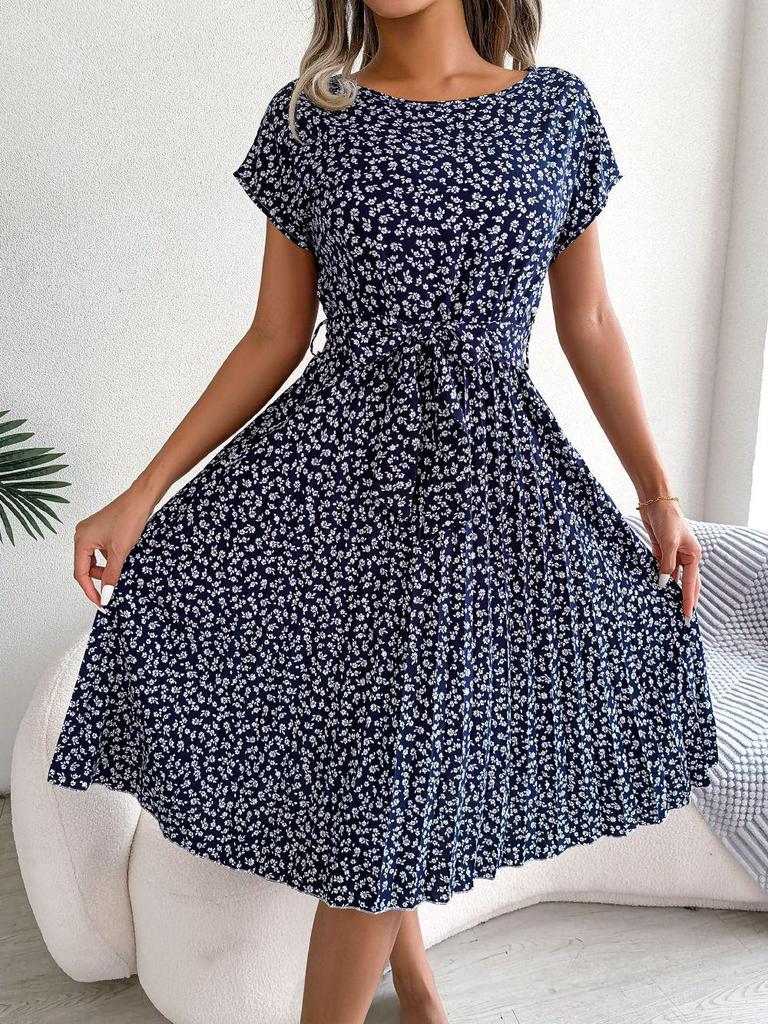 Feng Real Spring/Summer Floral Pleated Skirt with Short Sleeves - Women's European American Style