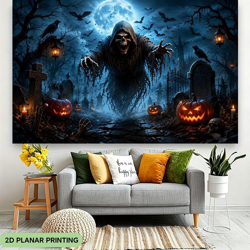 1 piece of 2D flat banner, "Ghost at the Cemetery on Halloween Night", polyester fabric background cloth.zyc