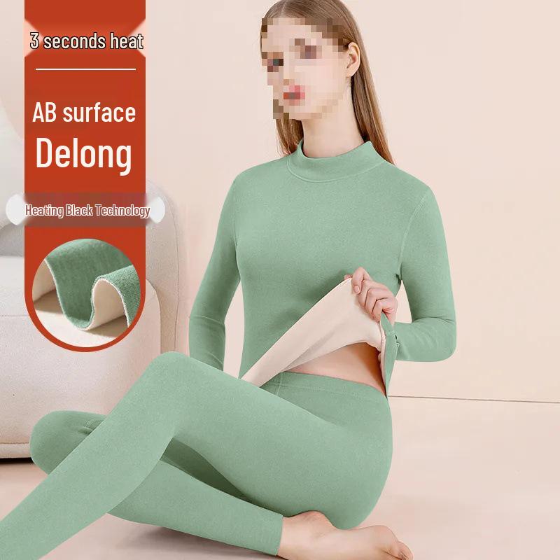 Women's Fleece-Lined Thermal Underwear Set - Semi-High Neck, Thick Base Layer for Autumn & Winter