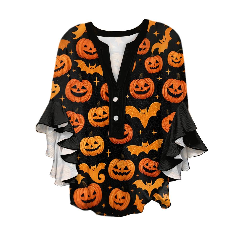 Women's V-neck Seven Quarter Sleeved Shirt Halloween Printed Top Casual Shirt