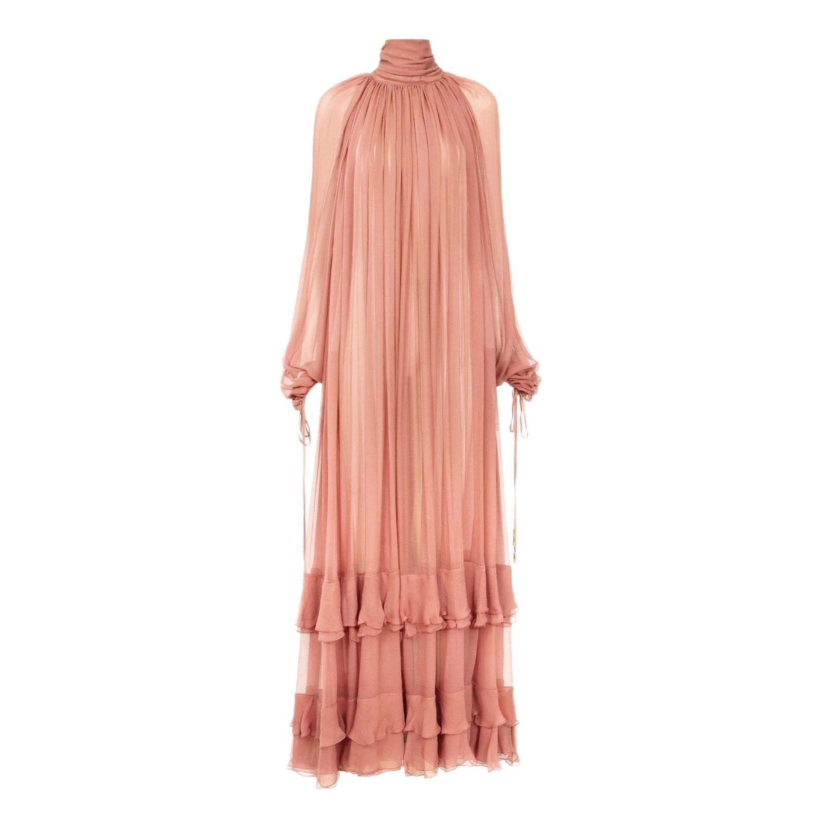 Elegant Long Sleeve High Neck Chiffon Ruffle Dress Extra Small кирпич красный