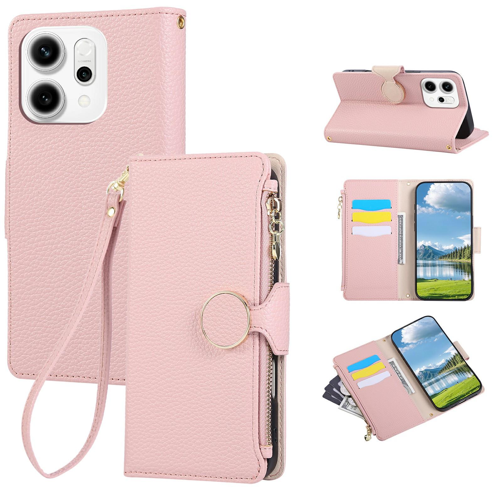 

For Oppo Reno14 5G (Global) Case Zipper Wallet Leather Phone Cover with Wrist Strap Pink